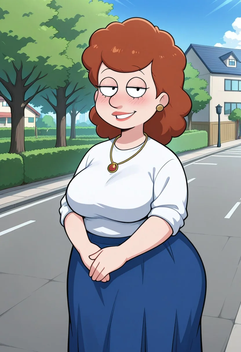 score_9,score_8_up,score_7_up,score_6_up,best quality, 1girl, solo, neighbourhood, houses, tree, blue sky, outdoors,
BREAK
estherl, brown hair, black eyes, (mature female:1.2), (plump:1.2), large breasts, wide hips, white sweater, rolled up sleeves, blue skirt, stockings, own hand together, blush, smile, looking at viewer, long skirt, half-closed eyes, necklace,