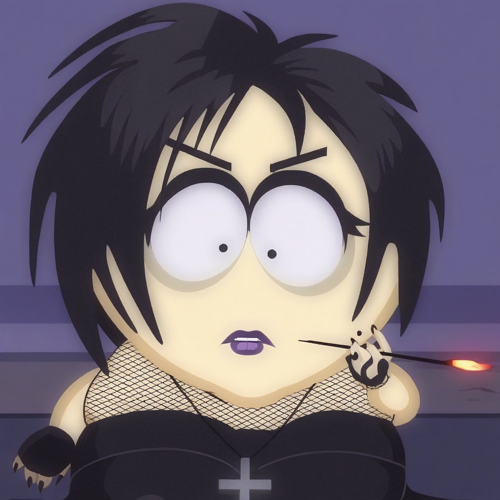 fishnet stockings, cross necklace, black eyes, solo, , black shoes, fishnet under shirt, female, purple lips, black dress