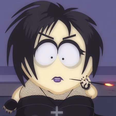 fishnet stockings, cross necklace, black eyes, solo, , black shoes, fishnet under shirt, female, purple lips, black dress