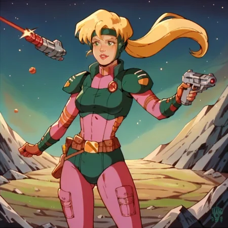 score_9, score_8_up, score_7_up, score_6_up, score_5_up, score_4_up, <lora:NaraBurns_XL:1> naraburns, blonde hair, green eyes, lips, ponytail, headband, smile, standing, full body, space, night, cartoon, flat colors, retro artstyle,1980s (style), armor, bodysuit, gun, shooting laser,