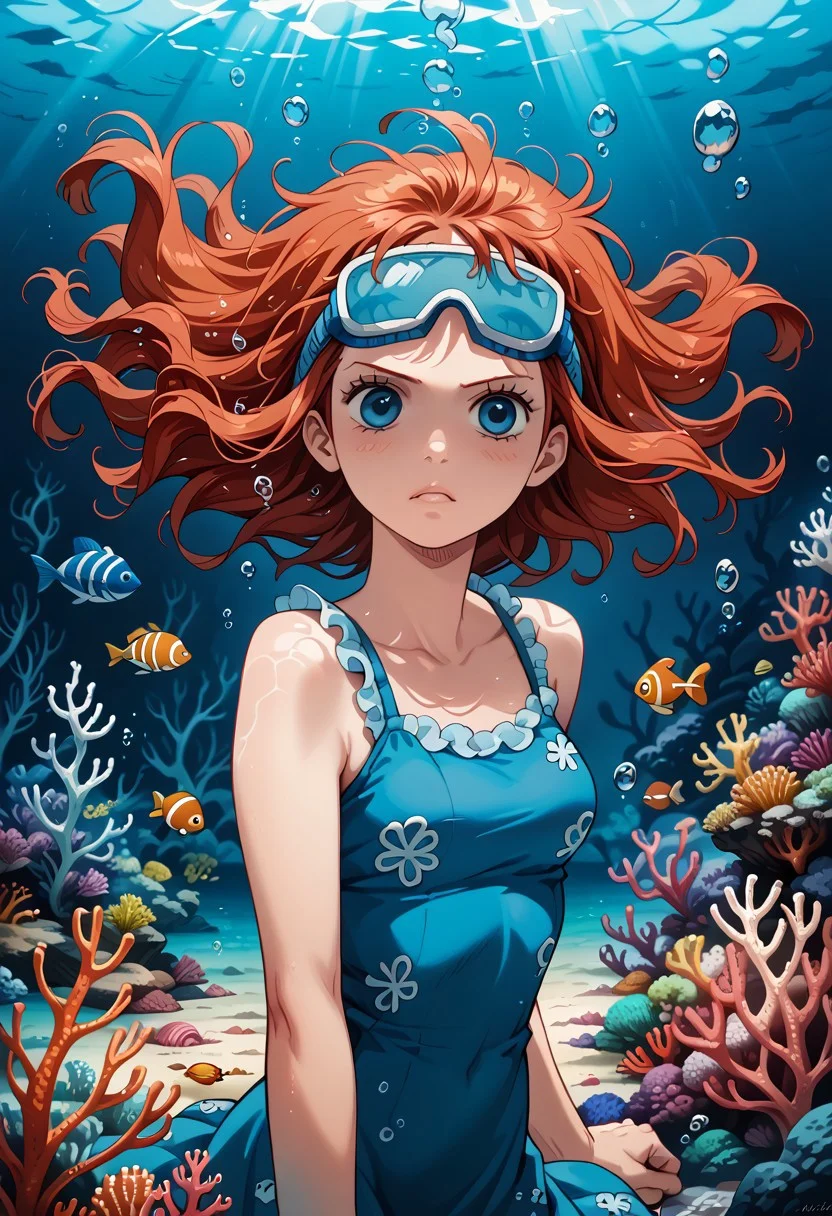 score_9, score_8_up, score_7_up, 1girl, monochrome, medium wavy auburn hair, twin braided auburn hair, blue and white one piece snorkeling goggles calm expression, at the bottom of an ocean, fish and blue water, swimming, hair flows, calm expression, (underwater environment: 1.2), reefs, coral algae, (warm tone: 0.9), (blue tones: 1.2), illustration, vibrant colors, intricate details, 8k wallpaper, (Depth of field, cinematic angle, cinematic lighting:1.2), (masterpiece:1.2), (best quality:1.2), (very aesthetic:1.2), (absurdres:1.2), newest, intricate, Expressiveh, gh1bl1, knva, Freebo_alloy