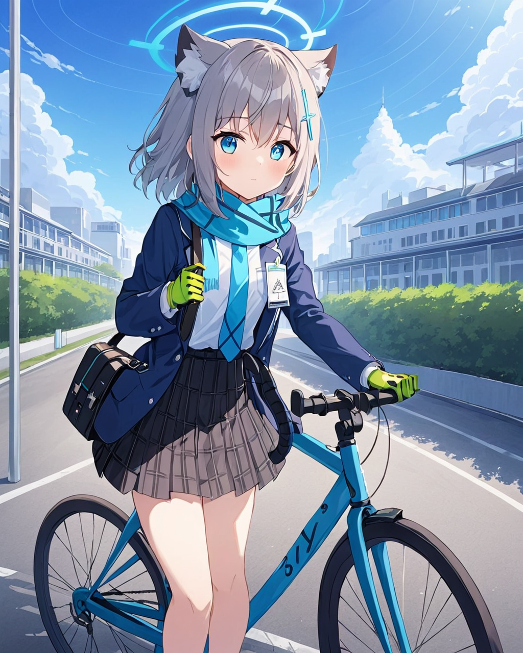 shiroko_\(blue_archive\),1girl, bicycle, solo, green_gloves, outdoors, white_shirt, looking_at_viewer, ground_vehicle, animal_ear_fluff, plaid_skirt, school_uniform, halo, open_jacket, school_bag, blue_jacket, long_sleeves, pleated_skirt, shoulder_bag, blue_necktie, closed_mouth, blue_scarf, mismatched_pupils, cowboy_shot, day, sky, blazer, standing, cross_hair_ornament, blush
<lora:shiroko_(blue_archive)_image1930_2023-11-18_spv-000030:1>. gorgeous,key visual, vibrant, studio anime,award-winning, professional, highly detailed,high budget, cinemascope