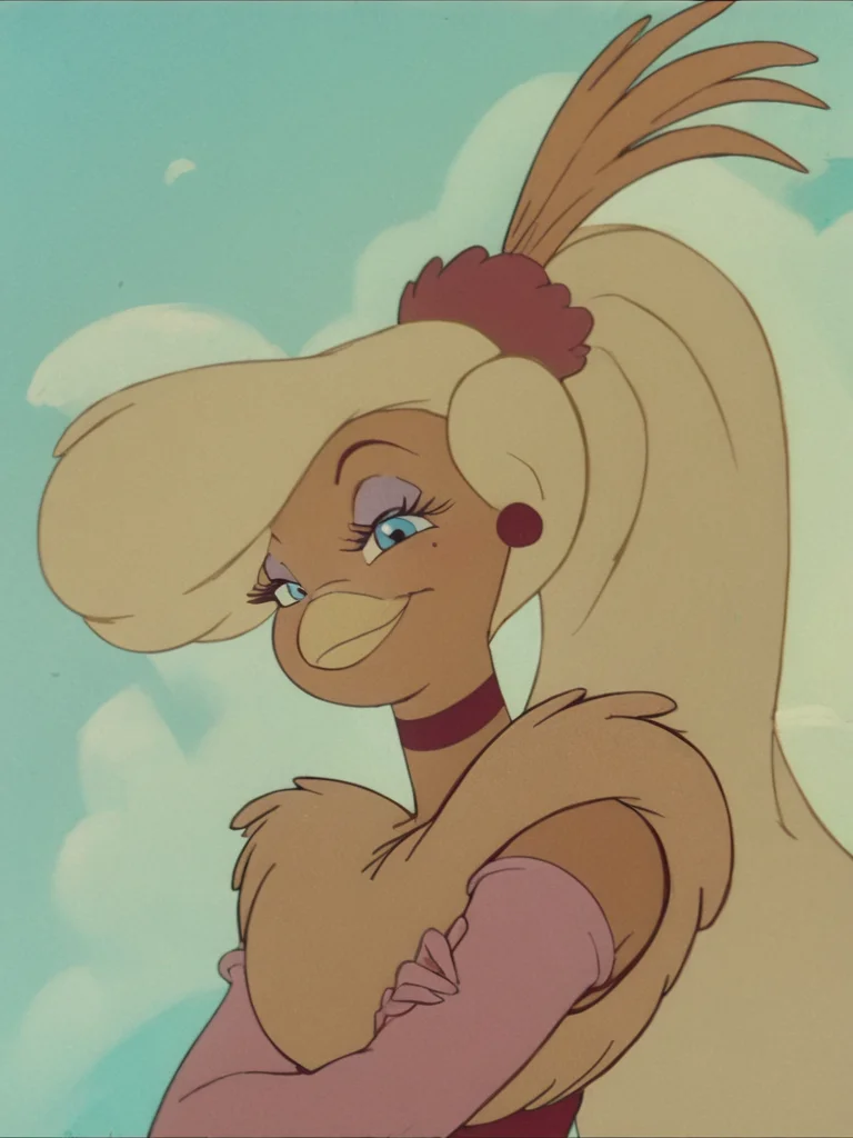 goldie, 1girl, bird girl, long hair, blonde hair, solo, elbow gloves, blue eyes, choker, earrings, ponytail, makeup, fur dress, furry,looking at viewer, smile, score_9, score_8_up, score_7_up, score_6_up <lora:GoldieRockaPony1.0:1>