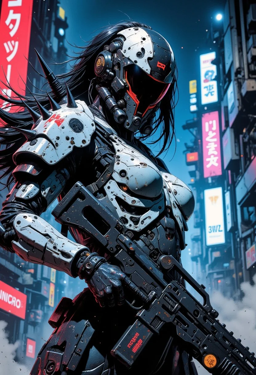 blue and red contrast lighting, dynamic viewpoint, dynamic angle, Woman wearing death themed powered armor with a faceless black and white visor, ribcage style cuirass, spiked pauldrons, holding a futuristic rifle, ((cyberpunk industrial complex background))