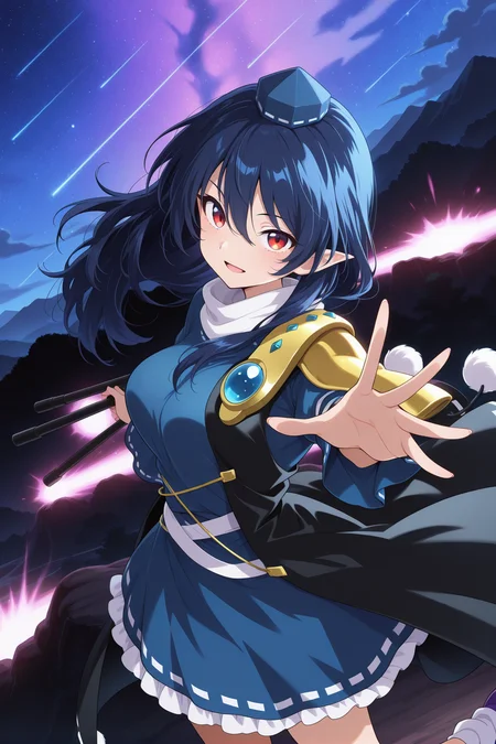absurdres, highres, masterpiece, best quality, amazing quality, official anime artwork, screencap, anime screencap, 
 <lora:Megumu-Iizunamaru_Illustrious:1> iizunamaru megumu, 1girl, solo, red eyes, blue hair, long hair,, tokin hat, blue hat, blue dress, ribbon-trimed dress, white scarf, black cape, shoulder guard, white socks, 
looking at viewer, night, night sky, star \(sky\), starry sky, open mouth, light smile, clouds, holding tripod, danmaku, mountain,