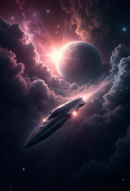 Title: Chronicles of an Ancient Cosmos A vast, black cosmos adorned with countless twinkling stars and a blazing sun is depicted. A lone spaceship navigates through the darkness, its sleek silver surface reflecting the starlight. The viewer is positioned behind the ship, watching as it glides towards an ominous nebula. Color mood: Cold, yet illuminated by the stars Lighting conditions: Subdued, with a slight hue of blue from the distant galaxy Angle: Long shot, capturing the vastness of space and the ship's journey Style: Surreal, evoking a sense of wonder and curiosity As the ship approaches the nebula, it disappears into its cloudy depths, leaving only a trail of smoke in its wake. The darkness is interrupted by vibrant shades of pink and purple, signaling the uncharted territory within. Color mood: Mysterious, transitioning from cold to warm Lighting conditions: Soft, contrasting the harsh blackness of space Angle: Close-up of the ship as it enters the nebula, with the cosmos still visible Style: Abstract, conveying the sense of exploration and discovery Suddenly, a planet emerges from the haze., <lora:FluxDFaeTasticDetails.safetensors:0.8> <lora:glowing_flux.safetensors:0.8>,