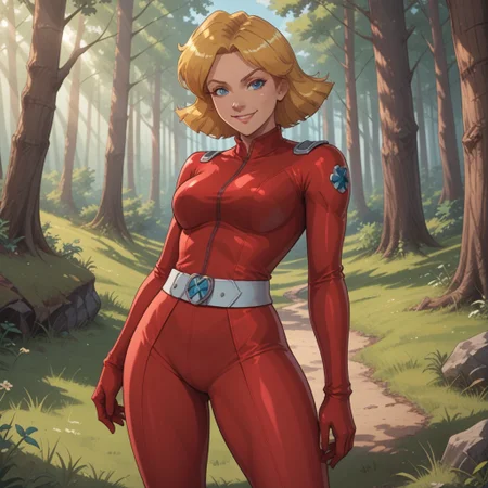 score_9, score_8, BREAK, solo, Clover_(Totally_Spies), blonde hair, short hair, blue eyes, red gloves, red latex bodysuit, belt, skin tight, high heels, sexy pose, self portrait, smile, looking at viewer, outdoors, sunlight, shadows, evening lighting, natural lighting, forest, trees, grass, orange sky, sunset