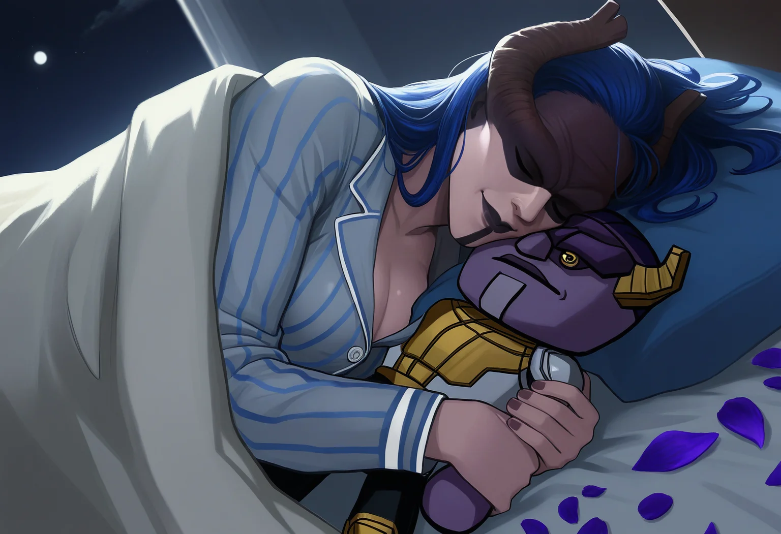 masterpiece, very aesthetic, night, dramatic lighting, moonlight, bedroom, petals
BREAK 1girl, proximamcu, colored skin, sleeping, pajamas, hugging plushie, thanos, under covers, closed smile, relaxing
<lora:ProximaMidnight-MCU_NAIXL_v10-000030:1>