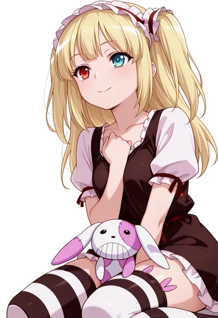 Smooth Quality,masterpiece,very intricate, high quality details, ultra realistic, high detailed skin,detailed enviorement,absurdres,
arm between breasts,
 <lora:Kobato_Hasegawa_CNR:0.8> kobato_cnr, hasegawa kobato, 1girl, blonde hair, two side up, heterochromia, red eyes, blue eyes,, simple background, white background, front view,solo,, \(^o^)/,, tunic  ,waistcoat   ,striped thighhighs,  ,rabbit ear legwear,