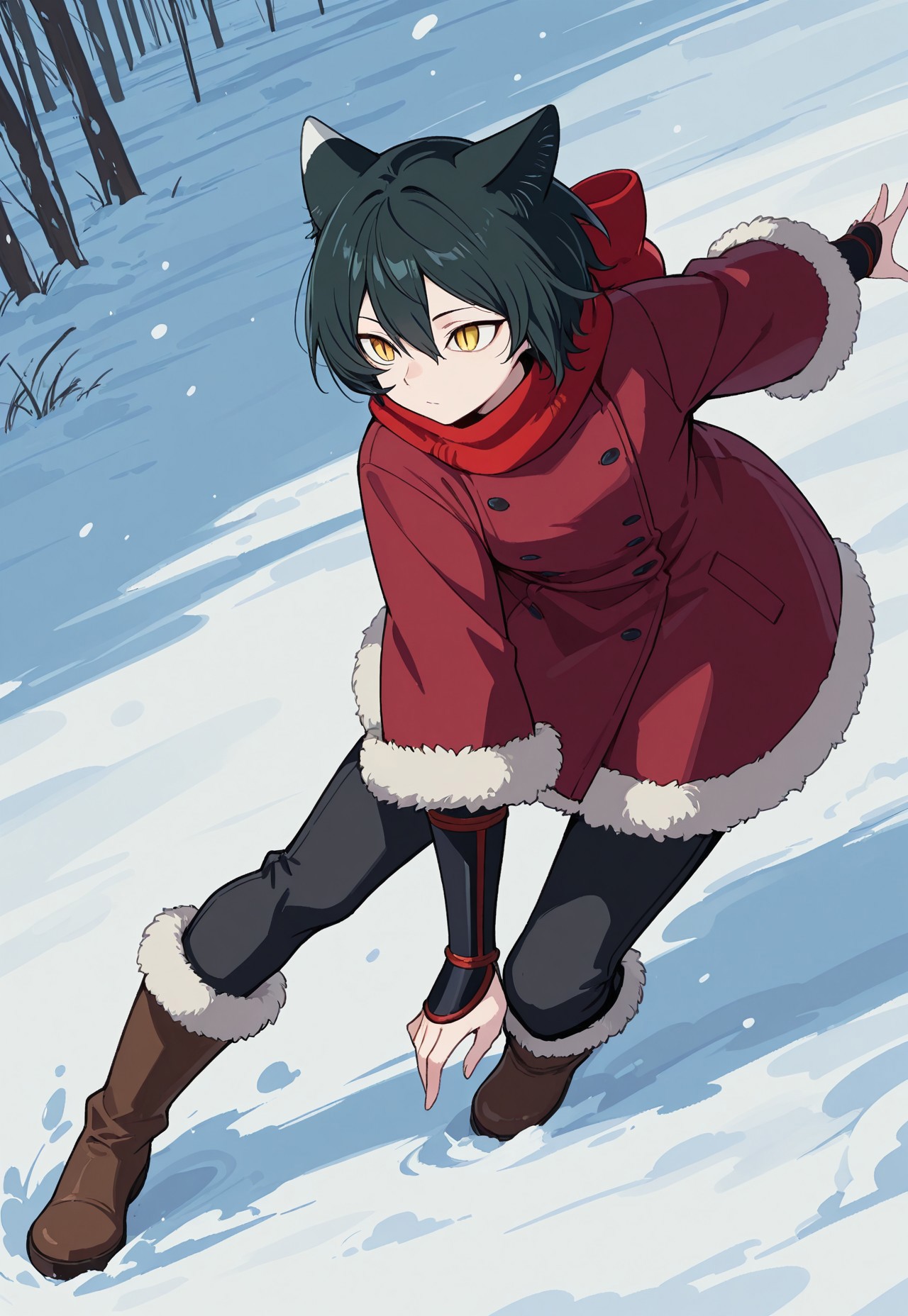 safe_pos, score_9, score_8_up, score_7_up, masterpiece, best quality, very aesthetic, Dunmeshi_Izutsumi, 1girl, solo, cat ears, black hair, short hair, yellow eyes, slit pupils, Izuwinter, winter outfit, alternate costume, red scarf, red coat, fur trim, fur-trimmed sleeves, vambraces, black pants, fur-trimmed boots, brown boots, full body, snow, dynamic pose, perspective