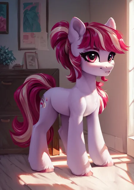 score_9, score_8_up, score_7_up, score_6_up, BREAK source_pony, rating_explicit, solo, pony, 1girl, Sugar Moonlight, standing up, full body, ear tufts, long eyelashes, indoors, best quality, high detailed, sharp lines, shaded