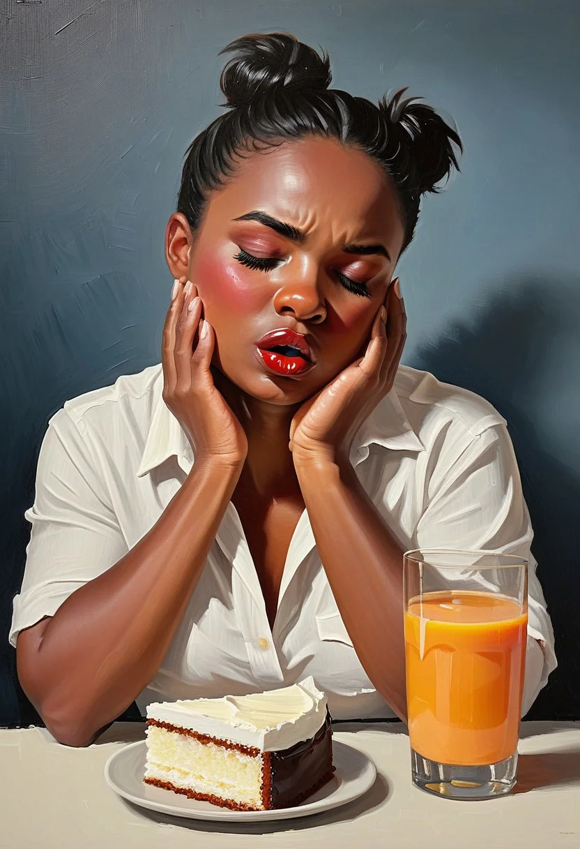 aaAR7ip, oil painting, impasto, canvas texture, (anthro pig:1.5), (animal focus:1.5),solo, open white shirt,sitting at the lunch table, open mouth, semi-closed eyes, (a glass of milk, juice, slice of cake, dish, dessert, cutlery, candy, bakery, fruit, food:1.8), foreshortening, moody, (full lips:1.3),bored,moody shadows, (hand on cheek, cheek pinching, bored:1.2),negative_hand