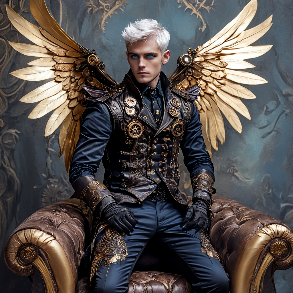 <lora:Rococo_Steampunk_SDXL:1> ArsMJStyle, Rococo Steampunk,  The image shows a man sitting on top of a couch with wings wearing a black and gold dress. The background of the image is a wall., wings, solo, male focus, 1boy, steampunk, white hair, sitting, blue eyes, mechanical wings, chair, gloves, pants, realistic, vest