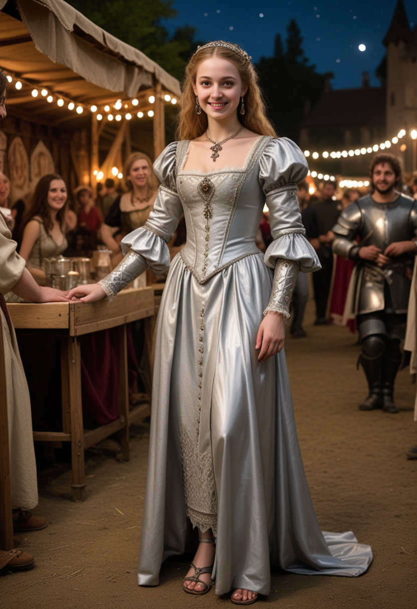 (medium full shot) of (refined young woman from the renaissance era), __cf-renaissance/ethnicity__, wearing a silver gown with lace detailing, leather sandals, ornate brooch, set in the renaissance era, in  a Renaissance fair, with jesters performing, knights jousting, stalls selling crafts, a lively atmosphere , at night, woman smiling, Masterpiece,best quality, photo, realistic, very aesthetic, detailed face,