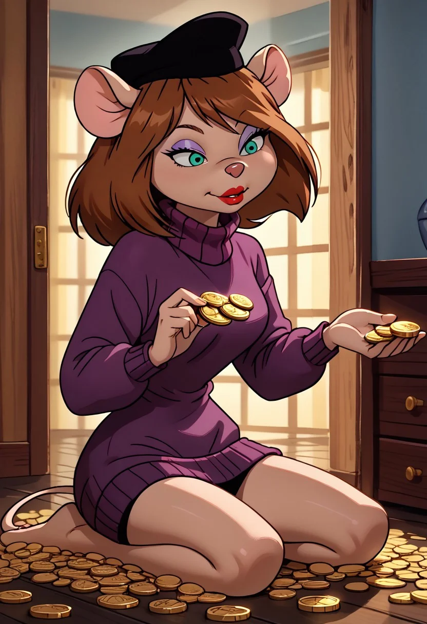 score_9, score_8_up, score_7_up, toon \(style\),ultra high quality,ultra high resolution,ultra ,full body, (extremely detailed), detailed background ,(masterpiece, best quality, high quality, highres, ultra-detailed), ,long legs, <lora:Desiree_DAllure_Chip_n_Dale_Rescue_Rangers:0.9> desiree d'allure, anthro, furry, mouse, mouse ears, , black headwear, long sleeves, red lips, light purple eyeshadow, brown hair, short bob cut, side-swept bangs, toon (style), purple sweater, turtleneck sweater, aqua eyes, flat color, narrow waist, full body view, perfect eyes,perfect lips, maniac face, teeth, thick lips ,long eyelashes, (inside golden room1,4), room full of gold, holding golden coins in hands, gold bars everywhere around, sitting on the floor, grabbing gold coins by both hands, gold on the walls, golden coins fall from up, gold furniture around, body fully covered by gold coins, coins fall from ceiling