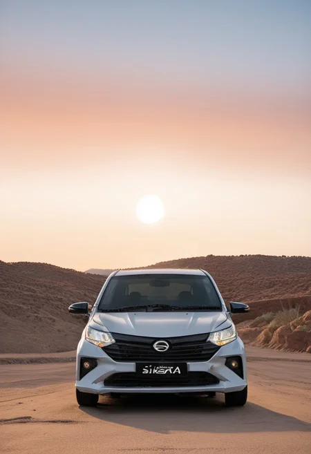 high resolution, best quality, Car, Daihatsu Sigra, Sunrise, desert landscape, clear sky,