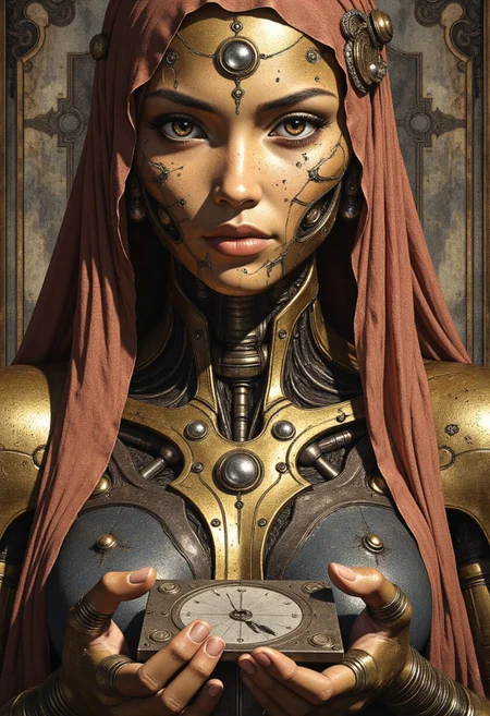 A waist-up post-apocalyptic portrait of a woman whose form is an intricate patchwork of cybernetic remnants and salvaged holy relics from a long-dead civilization. Her face, half-covered by a shattered golden mask, conceals the mismatched plating beneath, where rusted bolts and scavenged circuits hold her jaw together. Her throat, adorned with a repurposed sensor array, pulses faintly with a dying power source, illuminating her worn leather-and-metal armor. Her left arm, made from a mix of old exosuit components and hand-wrapped cloth, barely functions, its servos exposed and rattling with every movement. Her clothing is a mosaic of salvaged silks, worn combat armor, and woven wire, a personal shrine to the lost world she scavenges from. In her hands, she holds a broken hard drive, ancient data still flickering on its surface—perhaps the last remnants of forgotten knowledge.