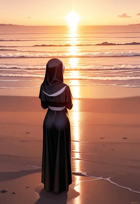 masterpiece, best quality, amazing quality,general, nun, beach, sunlight, limited palette,