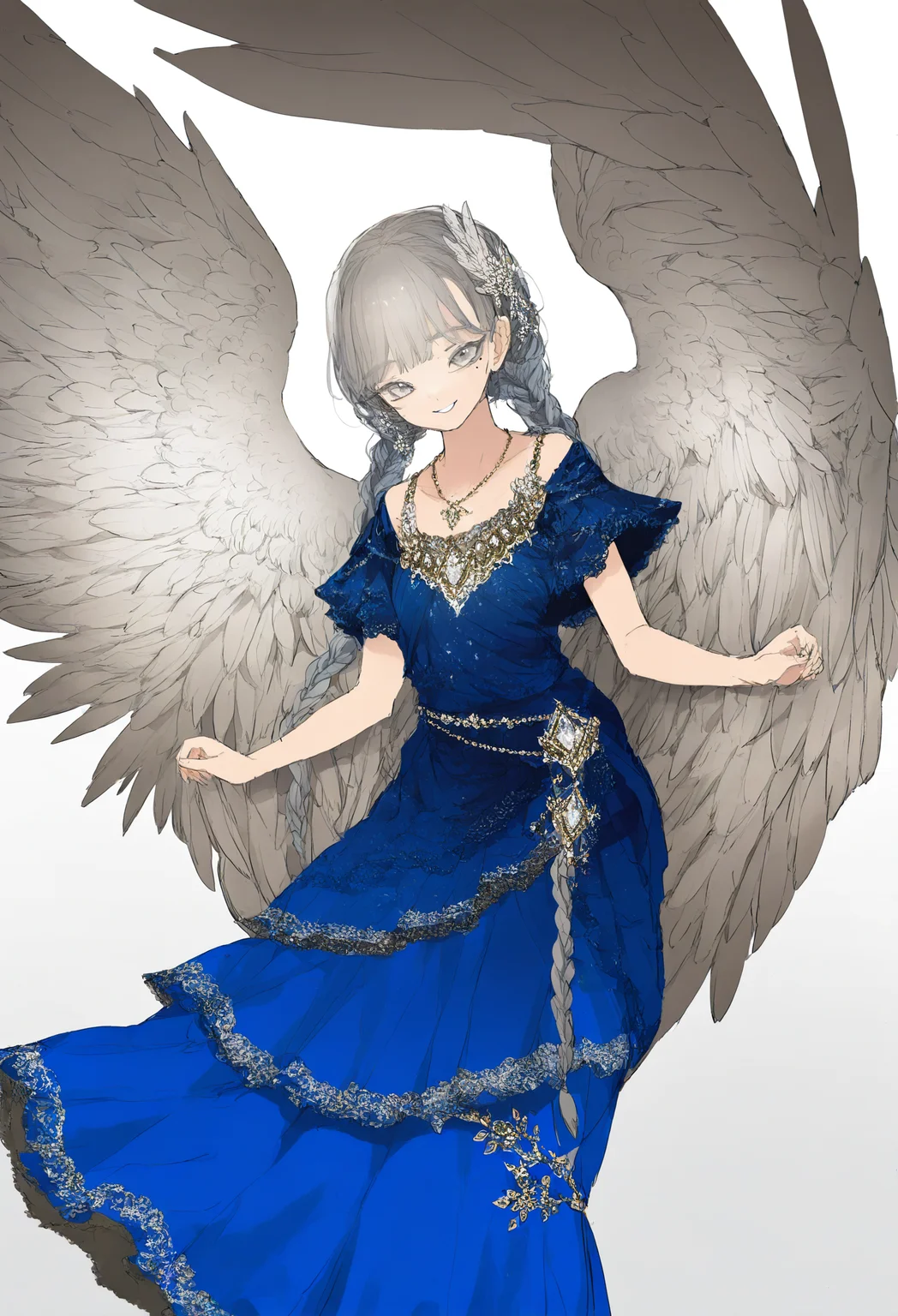 1girl, solo, wings, braid, dress, jewelry, grey eyes, necklace, twin braids, grey hair, long hair, white background, simple background, mole under eye, mole, hair ornament, looking at viewer, feathered wings, smile, blue dress, angel wings
,masterpiece,best quality,very aesthetic,absurdres,
<lora:åºæ°´fornoob:0.95>