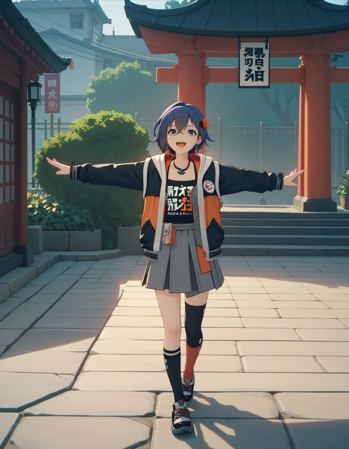 score_9, score_8_up, score_7_up, <lora:zzz-pack-v6-ponyxl-000031:0.85> belle, hair ornament, earrings, necklace, hooded jacket, skirt, asymmetrical legwear
1girl, solo, walking, torii, looking up, outstretched arms, excited, happy
