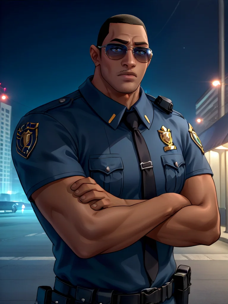 portrait of Jefferson_m man, dark skinned male, bara, muscular, police officer, sunglasses, facial hair, bara, black skin,  <lora:Jefferson_Morales_Spiderverse:.7> dark skin, city background, serious expression, arms crossed, police siren lights in background, dark lighting, night