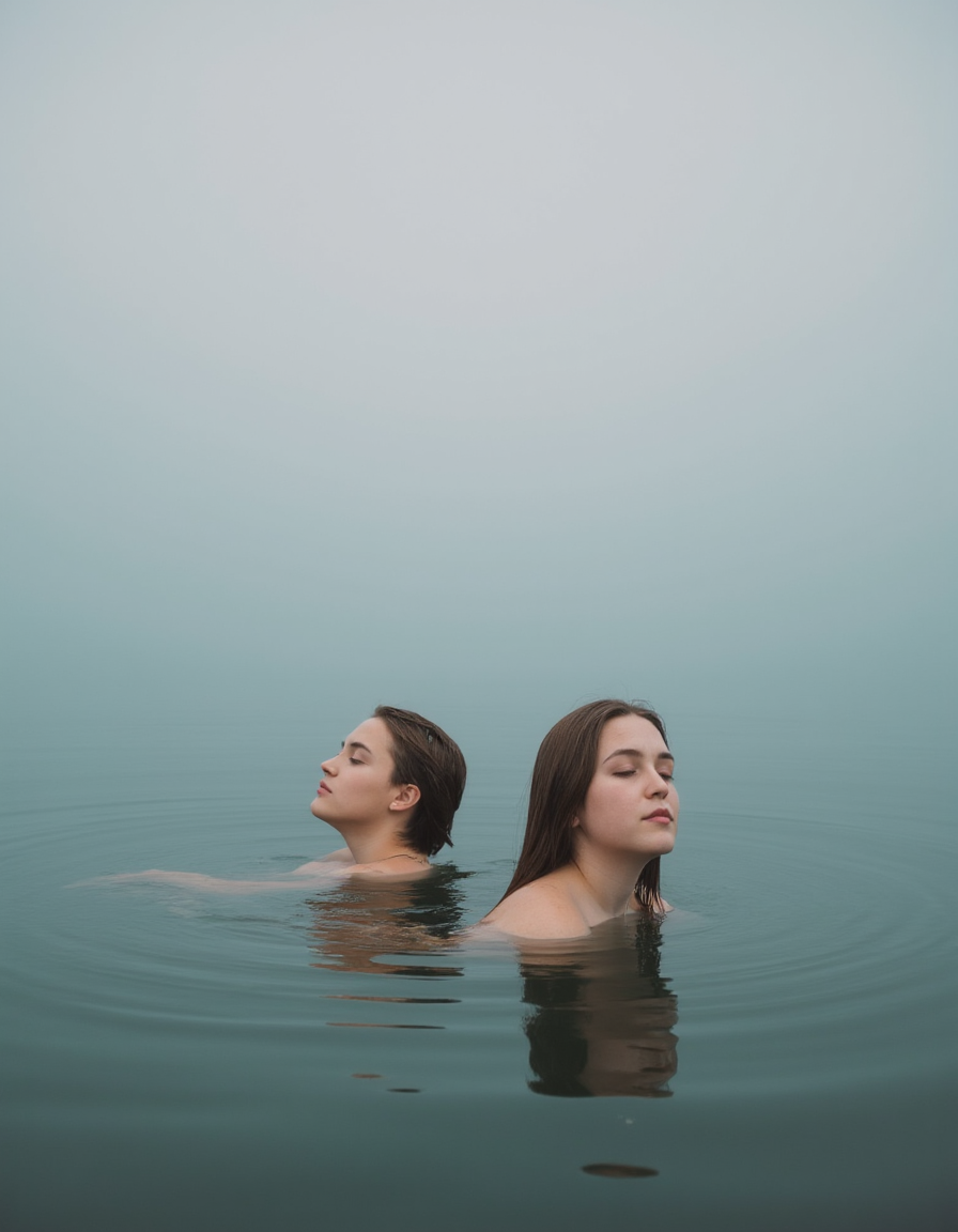 A serene, atmospheric portrayal of two individuals immersed in a calm body of water, possibly a lake or sea. The sky above is overcast, with a soft, muted color palette that suggests either dawn or dusk. The water is a shade of blue-green, with gentle ripples reflecting the overcast sky. The individuals appear to be in a state of tranquility, with one person slightly tilted upwards, eyes closed, and the other slightly submerged, possibly observing the surroundings. Their skin is pale, and their hair is wet, indicating recent swim. The overall mood of the image is one of introspection and solitude.
