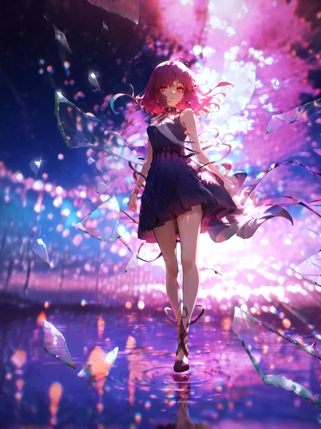 masterpiece,best quality,solo,(solo focus:1.4),(solo:1.2),1girl,(Full body Shot:1.1),detailed background,dramatic lighing,cinematic still,light skin , medium hair , multicolor hair , purple hair , Multicolour iris, round shaped eyes , dark red eyes , unique pupils, looking at viewer , from the side , small breasts ,pink eye makeup,pink eyeshadow,multicolor background,colorful,at night,clothing in wind,hair in wind,[magical girl, dress | goth, gothic dress],<lora:BrokenGlass_illusXL_Incrs_v1:1.1>,glass shards,reflection,broken glass,full body shot,flying,ripples,galaxy,neon lights,film grain,particles,blurry background,bokeh background,stars,realistic,jewelry,featured on pixiv,<lora:ChamIllustriousBackgroundEnhancer:0.8>,<lora:UK shiny_skin1v_ILXL:0.7>,shiny skin,<lora:konyakarasuelokr_for_illustrious-000126:0.9>,