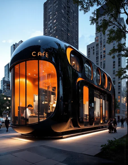 A photo-realistic rendering of a futuristic, black and orange pod-like café located in an urban setting. the café is situated in the center of the image, surrounded by a cityscape with tall buildings and trees in the background. The cafe has a sleek, modern design with a glossy black exterior and orange accents, giving it a warm, inviting glow. inside the pod, a man wearing a white shirt and a black cap is sitting at a counter, which is illuminated by soft, warm lighting. people can be seen walking around the cafe, adding to the urban atmosphere of the scene. the sky is clear and blue, with a few clouds scattered across it, creating a sense of calmness and tranquility.
