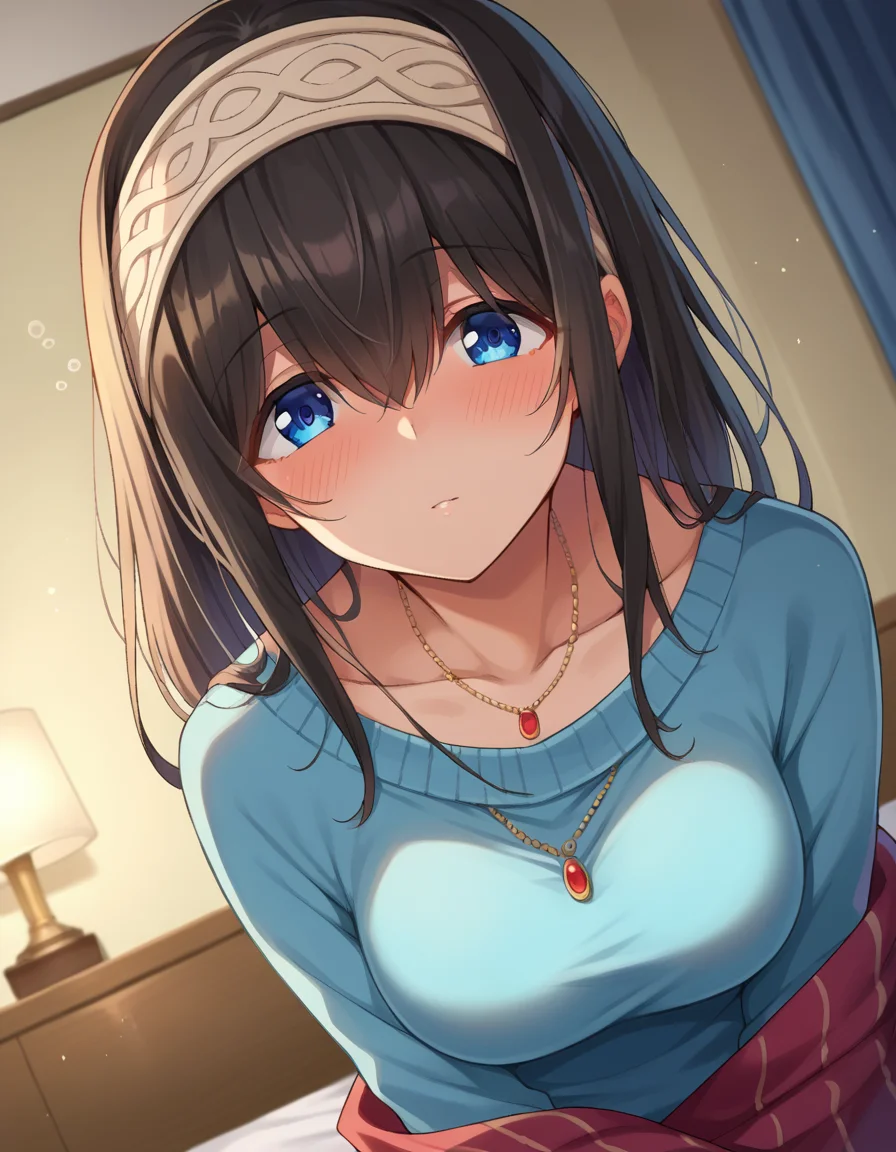 score_9, score_8_up, score_7_up, source_anime,
fumikasagisawa, <lora:fumika-sagisawa-ponyxl-lora-nochekaiser:1>,
fumika sagisawa, blue eyes, black hair, hairband, long hair, hair over eyes,
blue sweater, collarbone, jewelry, necklace, shawl, sweater, skirt,
indoors, bed, bed room, on side, blush, drunk,
looking at viewer, dutch angle, cowboy shot,