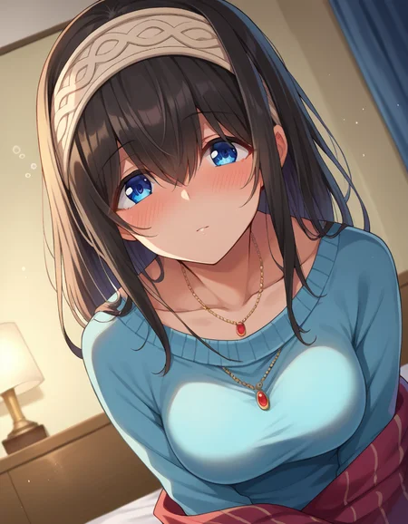 score_9, score_8_up, score_7_up, source_anime,
fumikasagisawa, <lora:fumika-sagisawa-ponyxl-lora-nochekaiser:1>,
fumika sagisawa, blue eyes, black hair, hairband, long hair, hair over eyes,
blue sweater, collarbone, jewelry, necklace, shawl, sweater, skirt,
indoors, bed, bed room, on side, blush, drunk,
looking at viewer, dutch angle, cowboy shot,