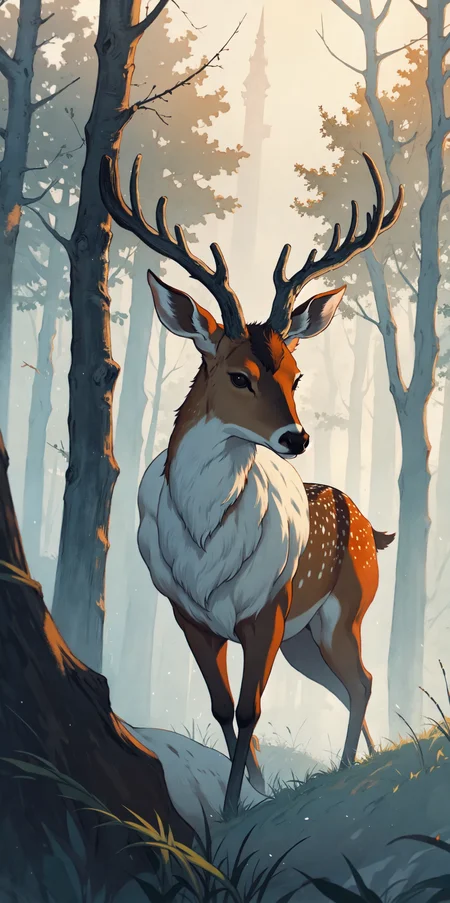 painting of a deer emerging from the mist in the early morning