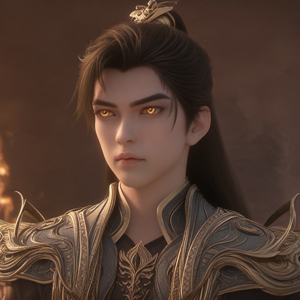 focus on face, fullbody, super detailed anatomic beautiful gentle face, PonyXLV6_Scores, shihao, shihao_soul, 1boy, solo, black hair, long hair, ponytail, emperor_armor, golden_eyes, armor, dragon, focus on face, focus on male,, portrait, high-fashion pose, mysterious and fantasy, epic, fantasy magic atmosphere, high quality,