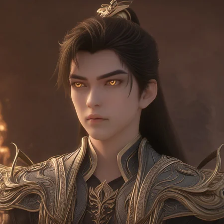 focus on face, fullbody, super detailed anatomic beautiful gentle face, PonyXLV6_Scores, shihao, shihao_soul, 1boy, solo, black hair, long hair, ponytail, emperor_armor, golden_eyes, armor, dragon, focus on face, focus on male,, portrait, high-fashion pose, mysterious and fantasy, epic, fantasy magic atmosphere, high quality,