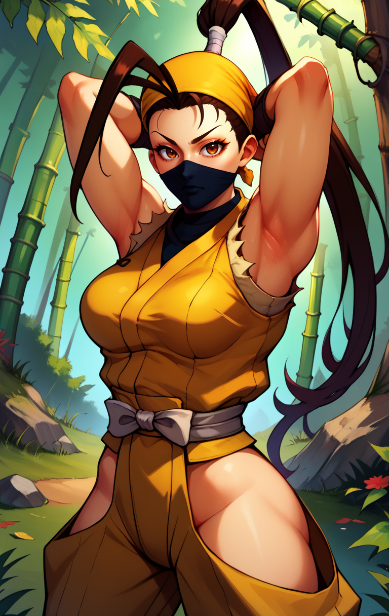 score_9, score_8_up, score_7_up, BREAK, <lora:ibuki-10:1> ibukisdxl, 1girl, solo, long hair, breasts, looking at viewer, brown hair, black hair, brown eyes, ponytail, sleeveless, armpits, arms up, mask, bandages, antenna hair, high ponytail, nature, arms behind head, forest, bandana, mouth mask, ninja, hip vent, bamboo, hair pulled back, bamboo forest, ninja mask, ibuki (street fighter)