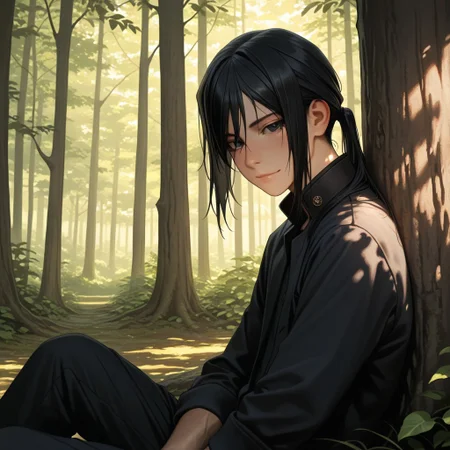 masterpiece, best quality, amazing quality, absurdres, newest, detailed background, definition so sharp, Ultra-HD, 8K cinematic, very awa, impressionate, amazing quality, highres, 
solo, male focus, manly, 
kurohyatogami, kuroh_black hair, kuroh_black eyes, 1boy, low tied hair, long hair, 
looking at viewer, soft smile, sitting, leaning against a tree, forest, dappled sunlight, peaceful, calm, warm, caring, cool, relaxed
