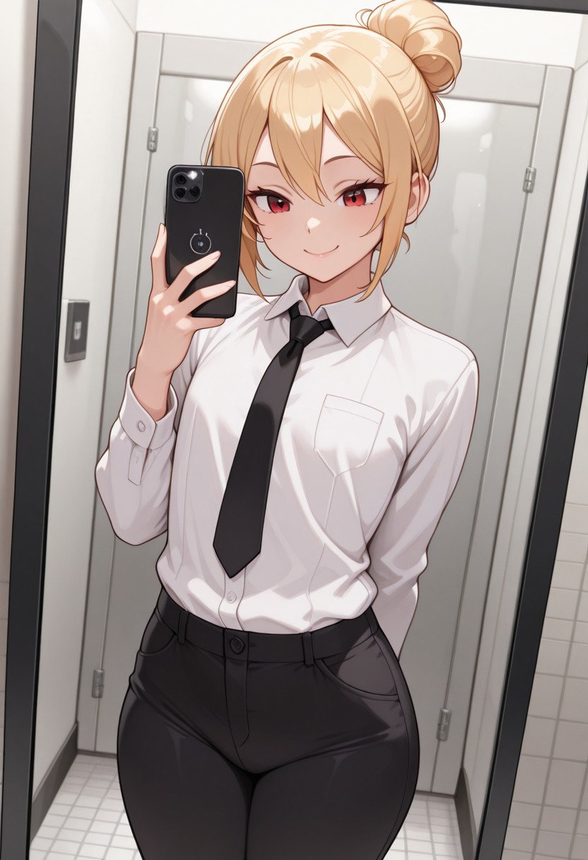 masterpiece, best quality, femboy, flat chest, solo, bottom heavy, hips, white dress shirt, black pants, legs together, public bathroom, standing, blonde hair, red eyes, dynamic angle, foreshortening, holding phone, mirror, mirrorselfieILL, mirror selfie, black tie, hair in bun, hand behind back, smile, :3