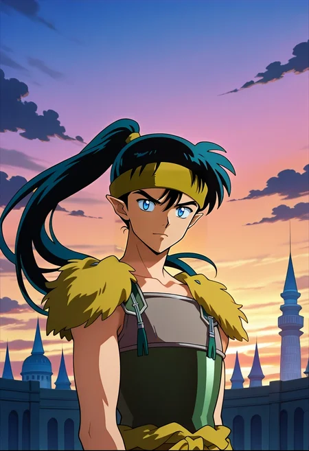 masterpiece, best quality, anime screencap, anime coloring, official style, looking at viewer, 1boy, solo, male focus, <lora:kouga_inuyasha_ilxl:1>, kouga_inuyasha, black hair, blue eyes, long hair, ponytail, pointy ears, headband, armor, sky palace, cloud towers, wind halls, floating gardens, royal pose, majestic expression, sunset, , retro artstyle