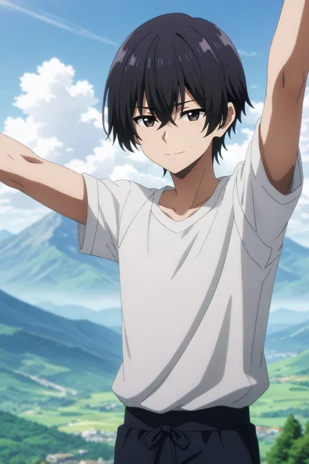 score_9, score_8_up, score_7_up, source_anime, rating_safe, , anime screencap, anime coloring, , , depth of field, 1boy, solo, male focus, <lora:cid_kagenou_pony:0.82>, cid_kagenou, black hair, black eyes, short hair, hair between eyes, bangs, focused, mountain, day, clouds, stretching, half-closed eyes, smile, , <lora:sdxl_lightning_8step_lora:1>