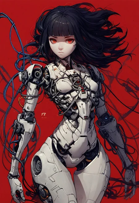 rinotuna, score_9, score_8_up, score_7_up, score_6_up, 1girl, solo, breasts, very long hair, bangs, simple background, black hair, red eyes, closed mouth, weapon, small breasts, blunt bangs, medium hair, looking at viewer, wide hips, thighs, floating hair, expressionless, red background, science fiction, android, cable, mechanical arms, cyborg, robot joints, mechanical parts, tube, spine