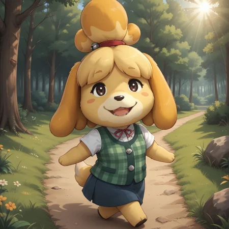 score_9, score_8, BREAK, solo, Isabelle_The_Dog_(Animal_Crossing), blonde hair, animal ears, furry, anthro female, furry female, dog girl, animal nose, topknot, skirt, office outfit, short sleeves, yellow skin, yellow skin female, self portrait, smile, looking at viewer, outdoors, sunlight, shadows, evening lighting, natural lighting, forest, trees, grass, orange sky, sunset