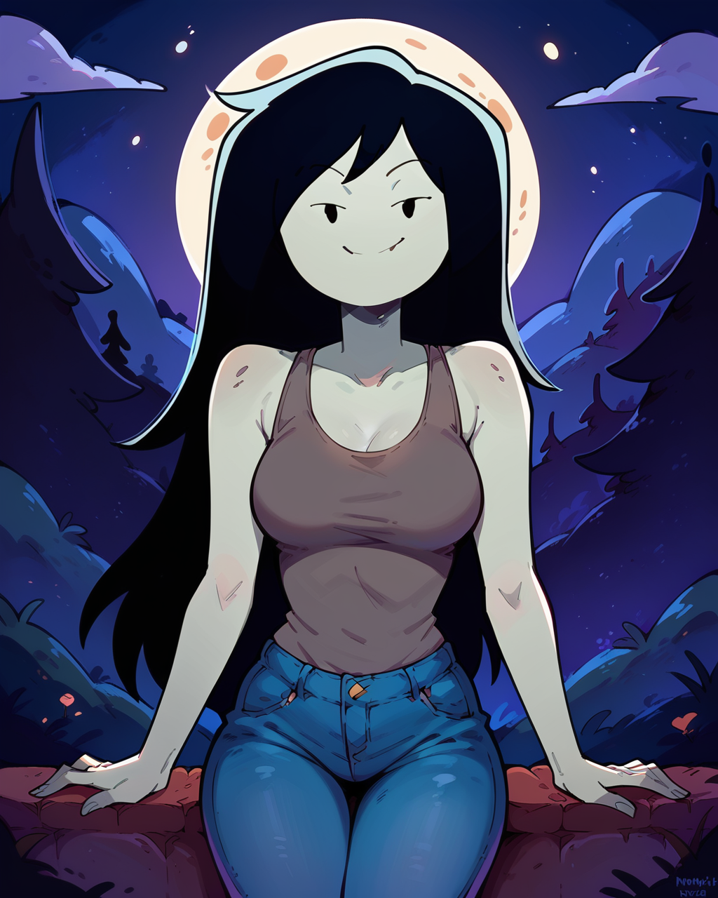 score_9, 1girl, solo, Marceline, grey skin, gray tank top, jeans, pinup, smile, line mouth, looking at viewer, outdoors, night, moon, <lora:Marceline_PDXL_V2:1>