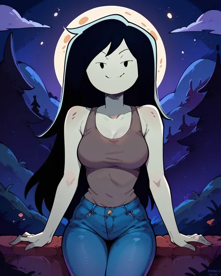 score_9, 1girl, solo, Marceline, grey skin, gray tank top, jeans, pinup, smile, line mouth, looking at viewer, outdoors, night, moon, <lora:Marceline_PDXL_V2:1>