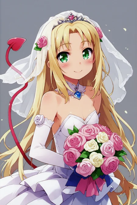 score_9,score_8_up,score_7_up,masterpiece,best quality,very aesthetic,absurdres,official art,official style,
Astarotte Ygvar,1girl,solo,bouquet,blonde hair,long hair,green eyes,tail,flower,dress,wedding dress,pantyhose,smile,veil,demon tail,gloves,hair ornament,elbow gloves,bridal veil,blush,simple background,rose,white pantyhose,upper body,
<lora:Haga yui_XL_PONY:0.8>,