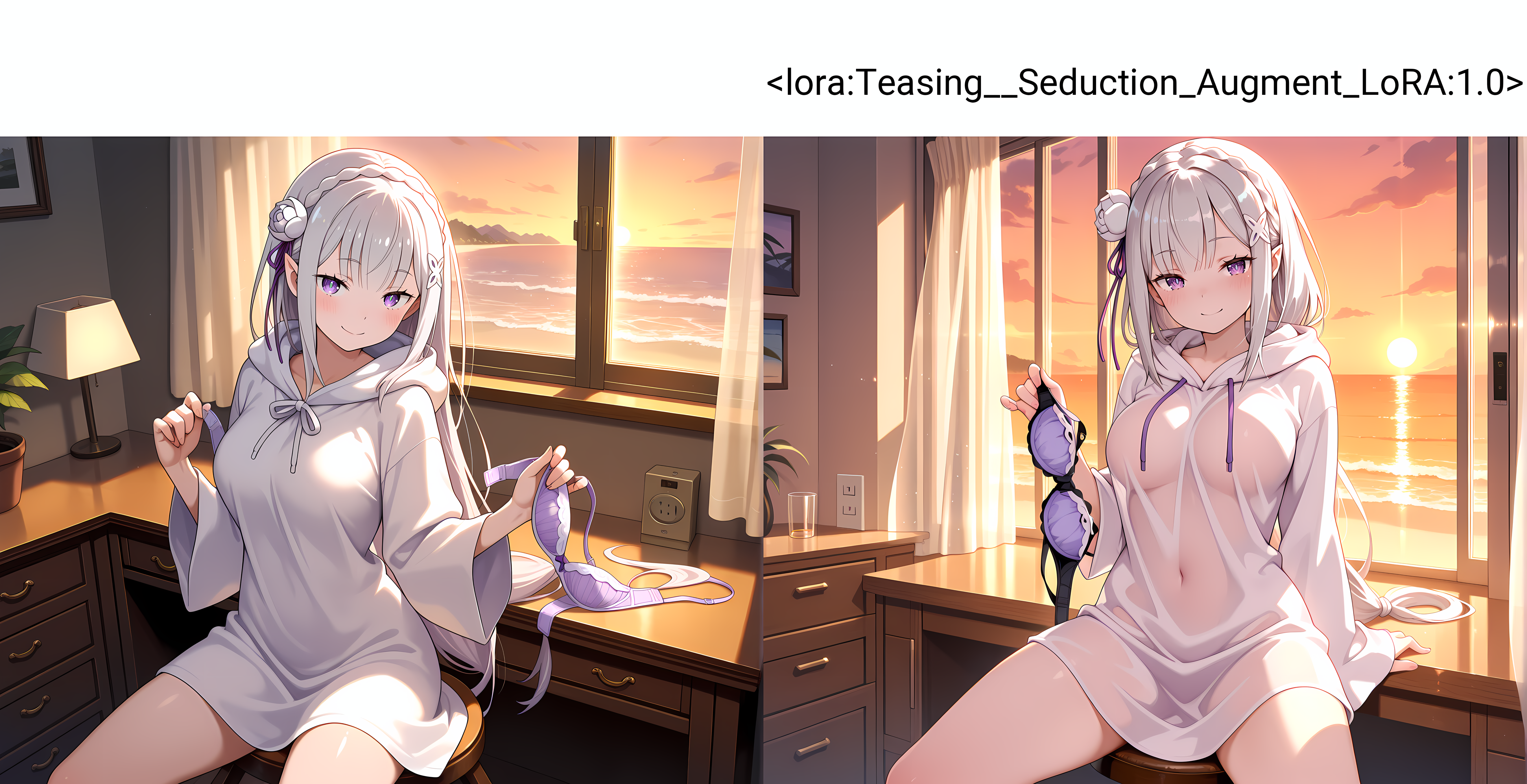 looking at viewer,solo,emilia \(re:zero\),seductive smile,blush,evening,living room,cowboy shot,breasts,white hooded robe,sitting,on stool,legs apart,hood down,window,curtains,light switch,glass,window fog,beach,indoors,desk,holding bra,, masterpiece,best quality,amazing quality, very aesthetic, absurdres,detailed eyes,ultra-detailed,