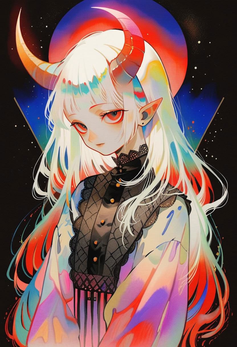 by tsubonari, by demizu posuka watercolor pale demon girl , prismatic coloring, holographic vibe, chromatic black lace blouse, gothic background, (long straight horns:1.2)