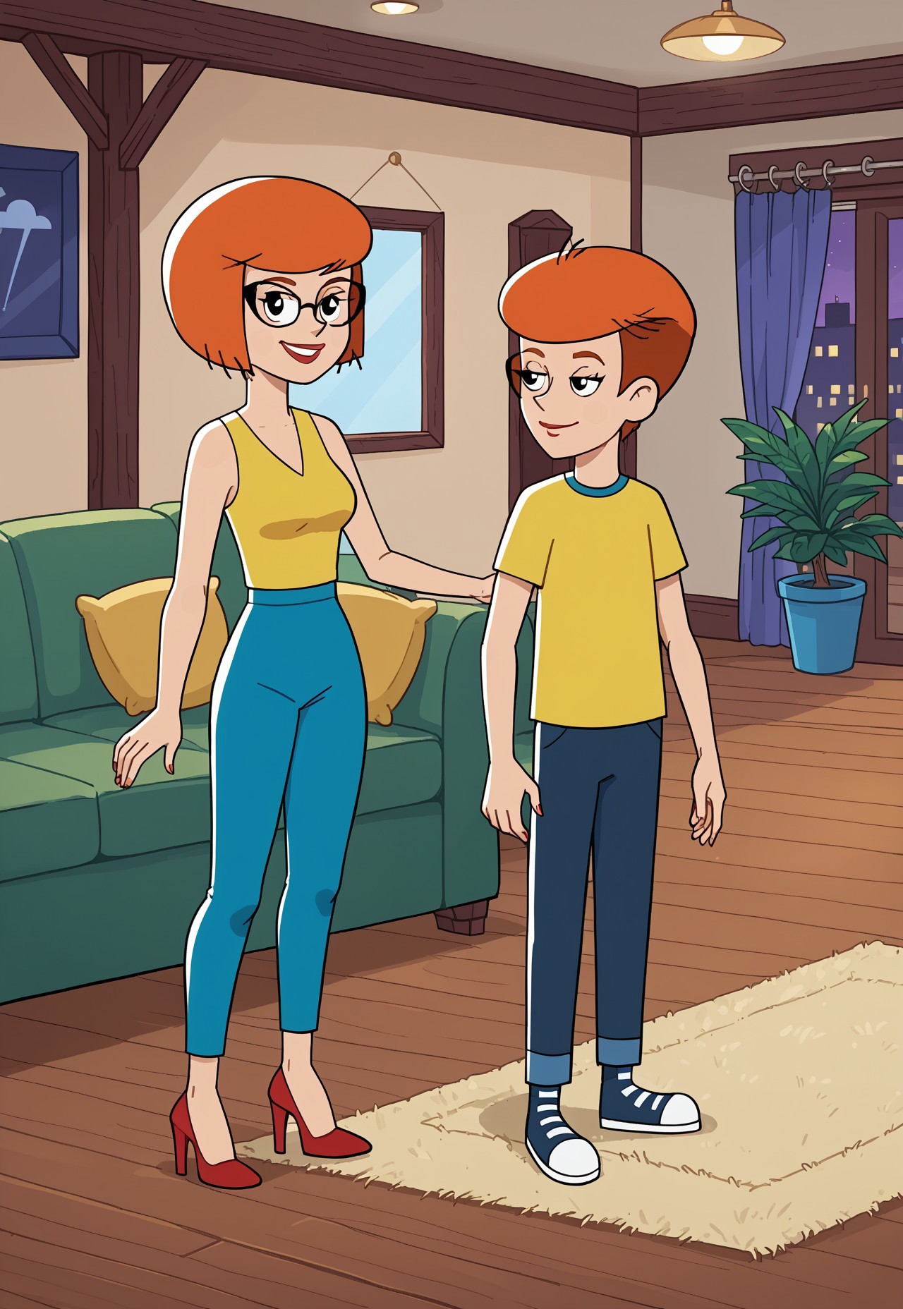 safe_pos, safe_pos, source_cartoon, score_8, score_9, 2d, cartoon, flat colours, line art, animated drawing, vector, high quality, masterpiece, cartoon art style, well drawn, detailed, perfect face, flat colours, cel shading, prostokvashino, rimma, fyodor, couple, man and woman, black eyes, interior, city apartments, living room, green couch, rug, window, potted plant, 

(rimma is a (woman in blue tank top and blue yoga pants) and purple heeled footwear, short hair bob cut, orange hair, woman in cateye glasses, woman with perky tits, smug smile,):1.2.

(fyodor is a shorty man without glasses, man with short orange hair, man in rolled pants and yellow shirt and red footwear, smirking smile,  ):1.2.

woman posing against man, man looking at woman, standing woman, sitting man, woman presenting own body, woman teasing man sitting on green couch, woman dancing against resting man, 