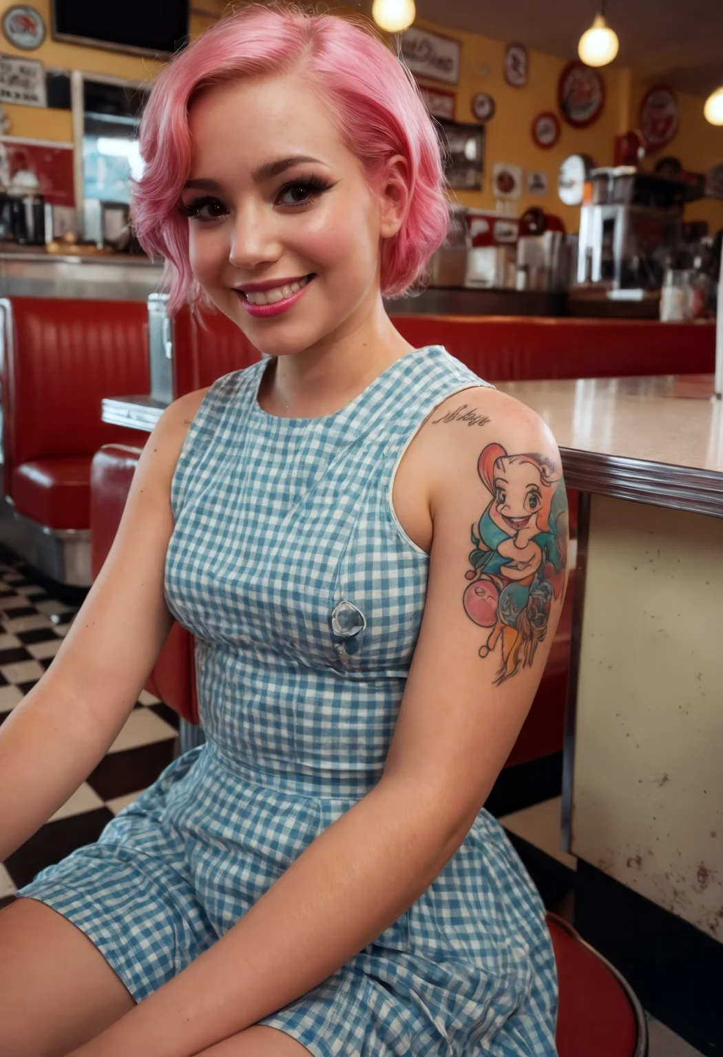 photo of a young woman with pink hair, smile, happy, cute dress, tattoos on her arms, sitting in a 50s diner, soda drink with straw, dynamic angle, RAW candid cinema, 16mm, color graded portra 400 film, remarkable color, ultra realistic, textured skin, remarkable detailed pupils, realistic dull skin noise, visible skin detail, skin fuzz, dry skin, shot with cinematic camera