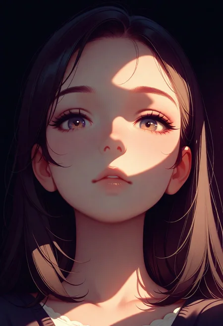 masterpiece, best quality, amazing quality, very aesthetic, flat colors, (artist:Tsuaii:1),
1girl, close up portrait, looking at viewer,
Dark lighting, shadow, light,