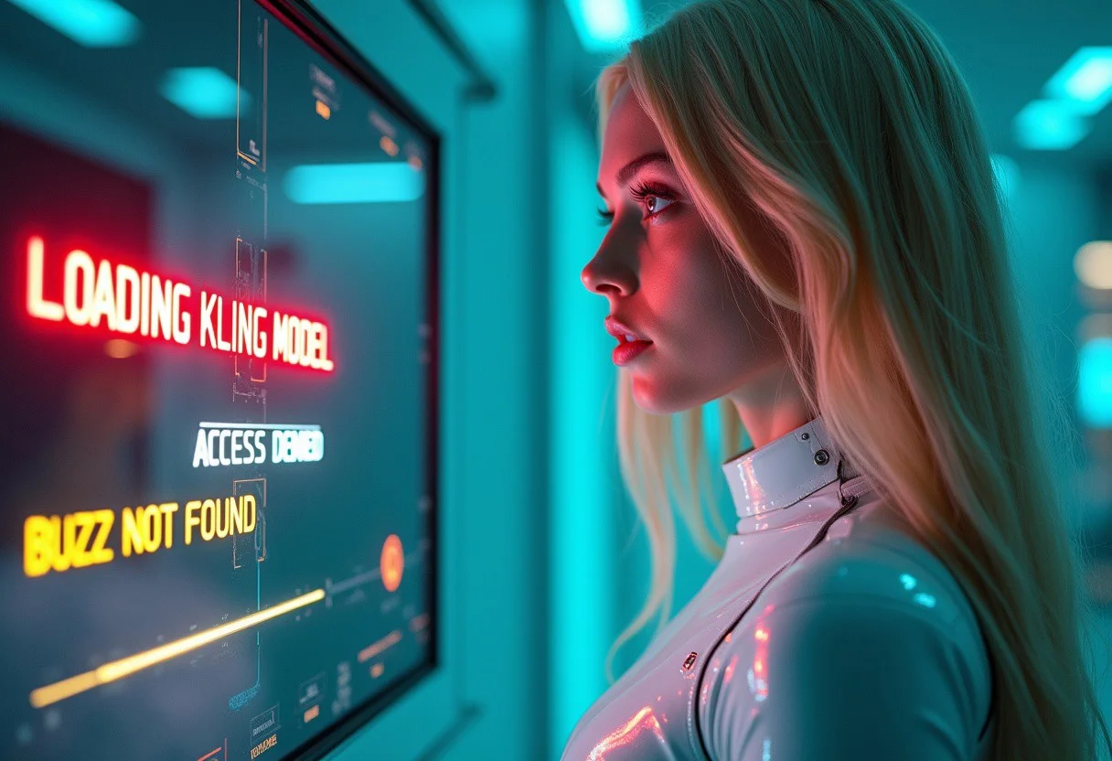portrait shot, a beautiful cyborg woman with long blonde silky hair in a white robotic outfit staring at a futuristic computer screen which has the text "LOADING KLING VIDEO MODEL" in red with the subtext "ACCESS DENIED", the text "BUZZ NOT FOUND" in yellow appears on the bottom of the screen