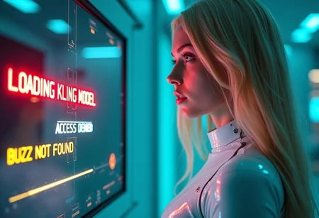 portrait shot, a beautiful cyborg woman with long blonde silky hair in a white robotic outfit staring at a futuristic computer screen which has the text "LOADING KLING VIDEO MODEL" in red with the subtext "ACCESS DENIED", the text "BUZZ NOT FOUND" in yellow appears on the bottom of the screen